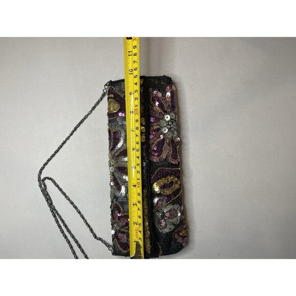 Jessica McClintock Vintage Sequin Clutch Black Satin Sequin Flowers Evening Bag - Picture 3 of 8